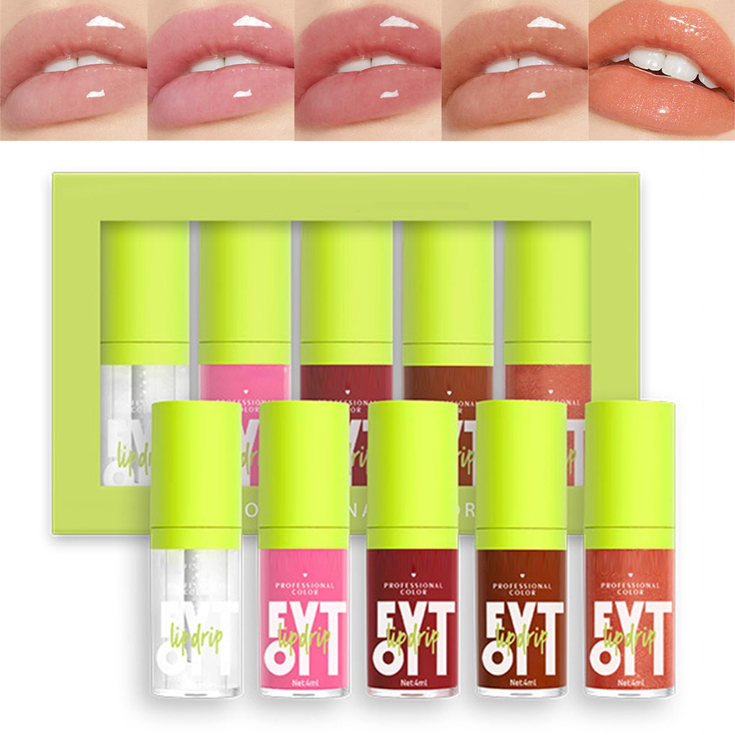 JAFEN-Juego de brillo de labios con grasa de 5 colores, grasa hidratante profesional para labios, juego de aceite de labios hidratante de 5 colores, aceite de brillo para labios nutritivo no pegajoso
