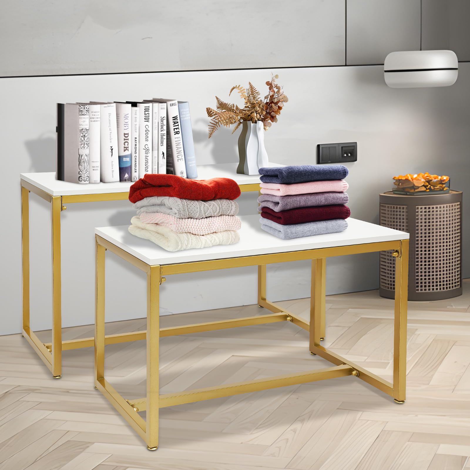 Espositore per negozio bianco dorato per scarpe e borse, in metallo robusto, facile da montare, ideale per soggiorno o ingresso, capacità di carico di 50 kg, 100 x 40 x 56 cm