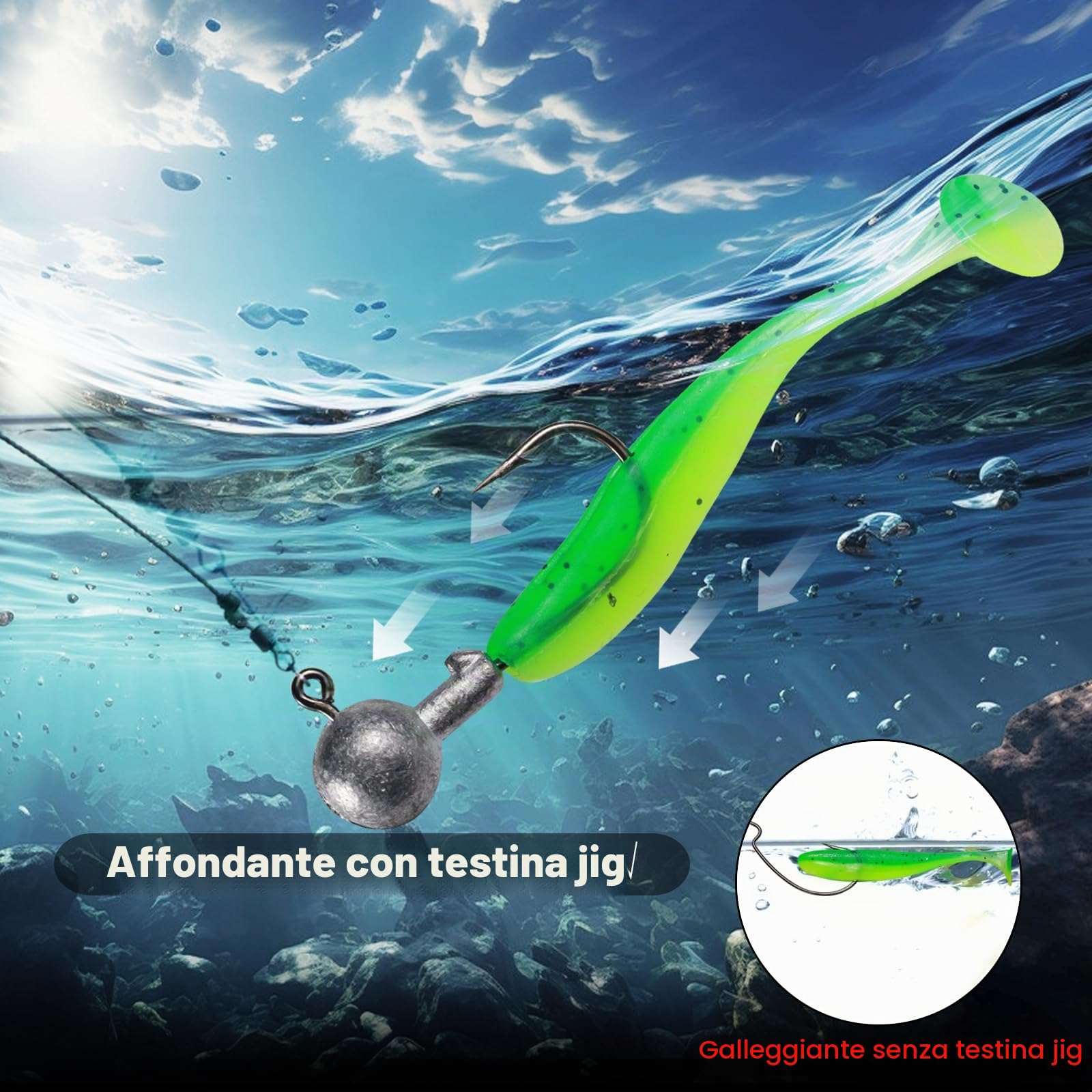 58 Pz / 6 Dimensioni Teste di Jig con esche di gomma 10g/7g/5g/3,5g/1,8g/1g Ganci da pesca con palline di piombo rotonde Esche morbide realistiche bicolori per acqua dolce salata per persico