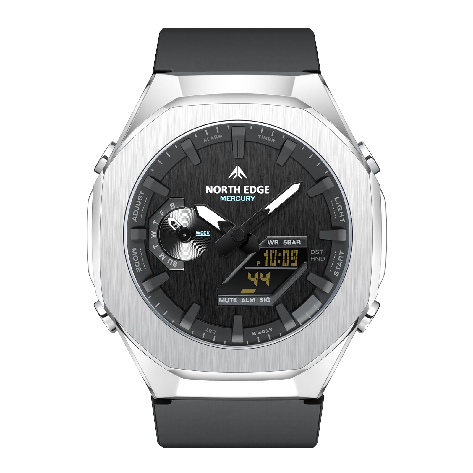 NORTH EDGE Mercury - Reloj analógico digital para hombre, hora dual, cronómetro, temporizador de cuenta regresiva, hora mundial, 5 alarmas, reloj deportivo de estilo militar
