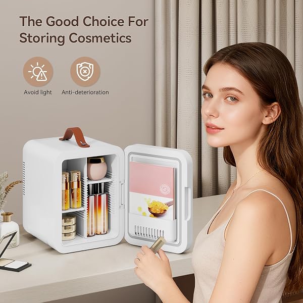 eklipt - 4 Liter Mini Fridge with Dimmable LED Mirror, AC/DC Beauty Fridge with Removable Shelf and Handle, for Makeup and Food, Skincare Fridge for Bedroom, Office, White[Energy Class F] - 3