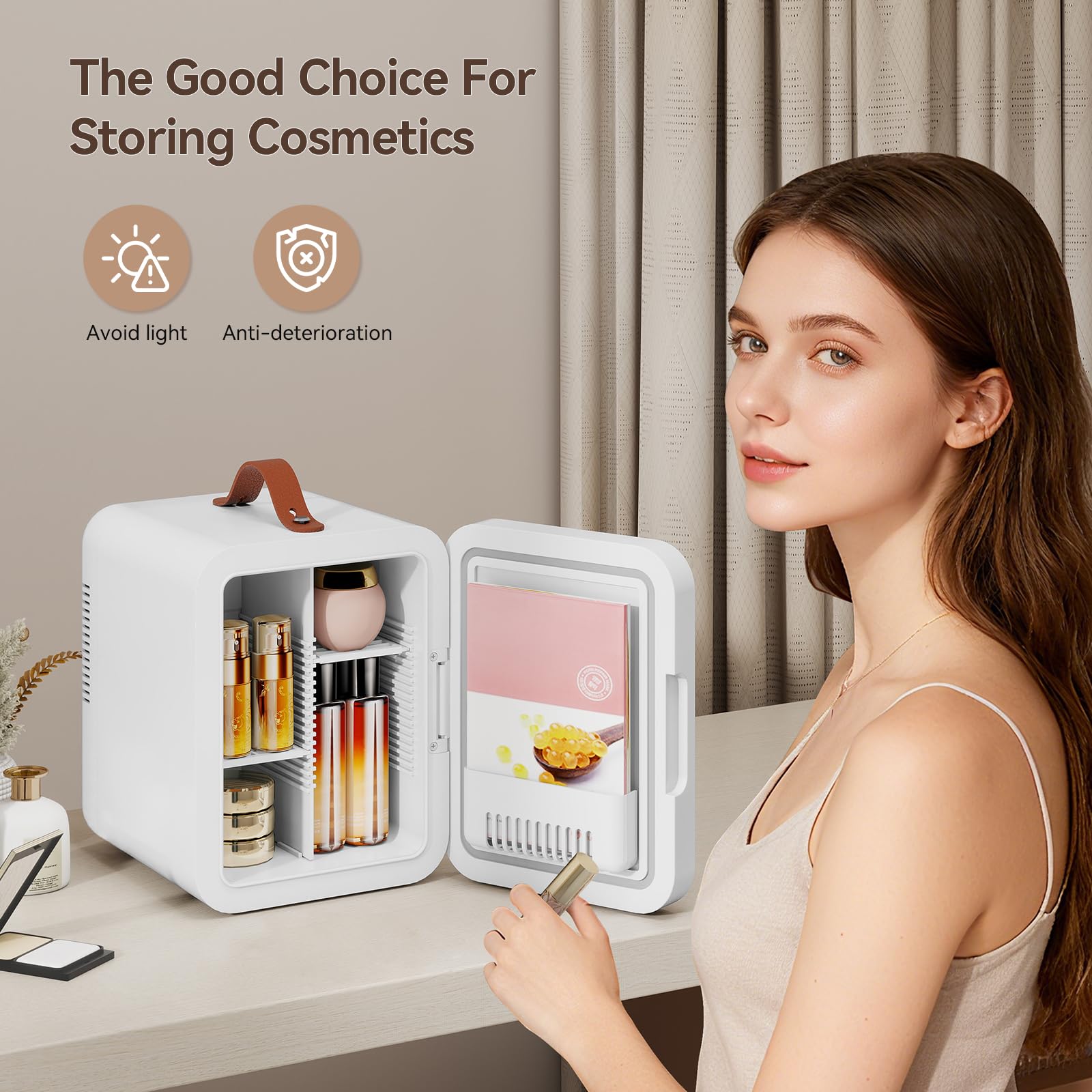 eklipt - 4 Liter Mini Fridge with Dimmable LED Mirror, AC/DC Beauty Fridge with Removable Shelf and Handle, for Makeup and Food, Skincare Fridge for Bedroom, Office, White[Energy Class F] — view 3