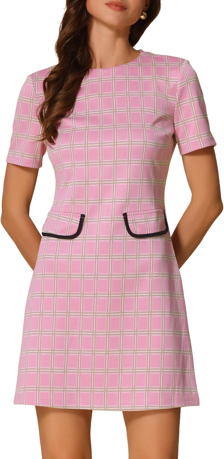 Allegra K Work Dress for Women Short Sleeve Vintage Houndstooth Above The Knee Dress
