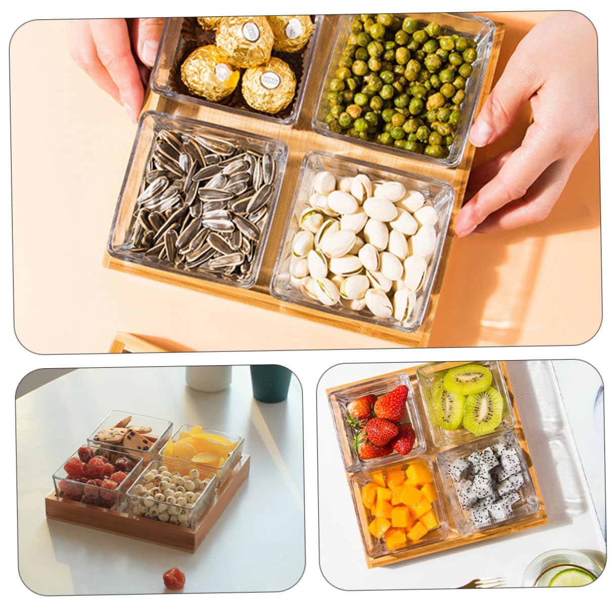 jojofuny Plateau à Fruits Compartimenté en Verre Transparent 4 Compartiments Assiette à Noix pour Collations Plateau de Service pour Fruits Secs pour Présentation et Organisation de