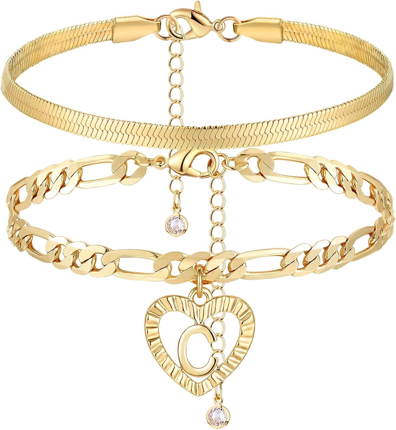 YANODA Gold Ankle Bracelets for Women Waterproof, 14k Gold Plated Layered Snake Anklets Figaro Chain Letter Initial Anklets Handmade Heart Ankle Bracelets Personalized for Women Beach Jewelry Gifts