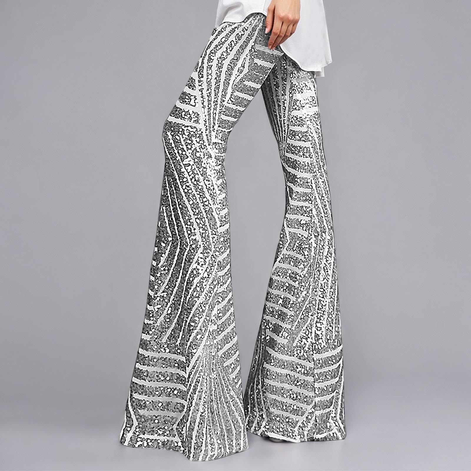 Generisch Pantaloni da donna eleganti e casual con paillettes, taglio stretto, gamba dritta, orlo largo, pantaloni lunghi