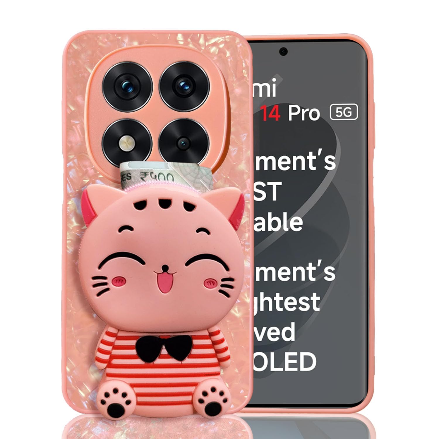 KC Back Cover for Redmi Note 14 Pro 5G - Crystals Dream Shell 3D Cartoon Cat Pouch with Zipper Wallet Purse Shockproof Soft Silicone Camera Protection Case (Pink)