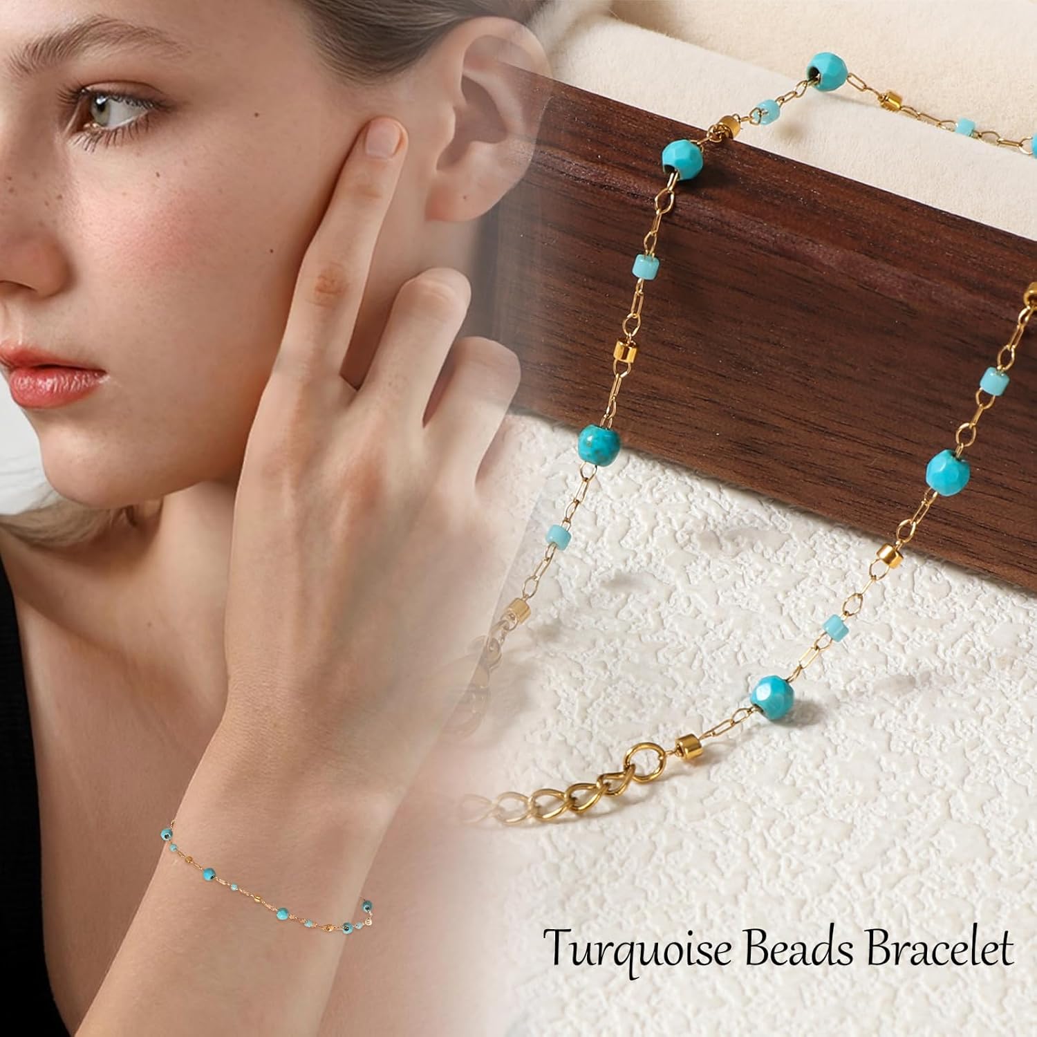 Natural Gemstone Beads Bracelets for Women 18k Gold Plated Handmade Lapis Lazuli Garnet Link Bracelet Turquoise Jewelry Valentine's Day Gift for Wife Mother Girlfriend - Image 2