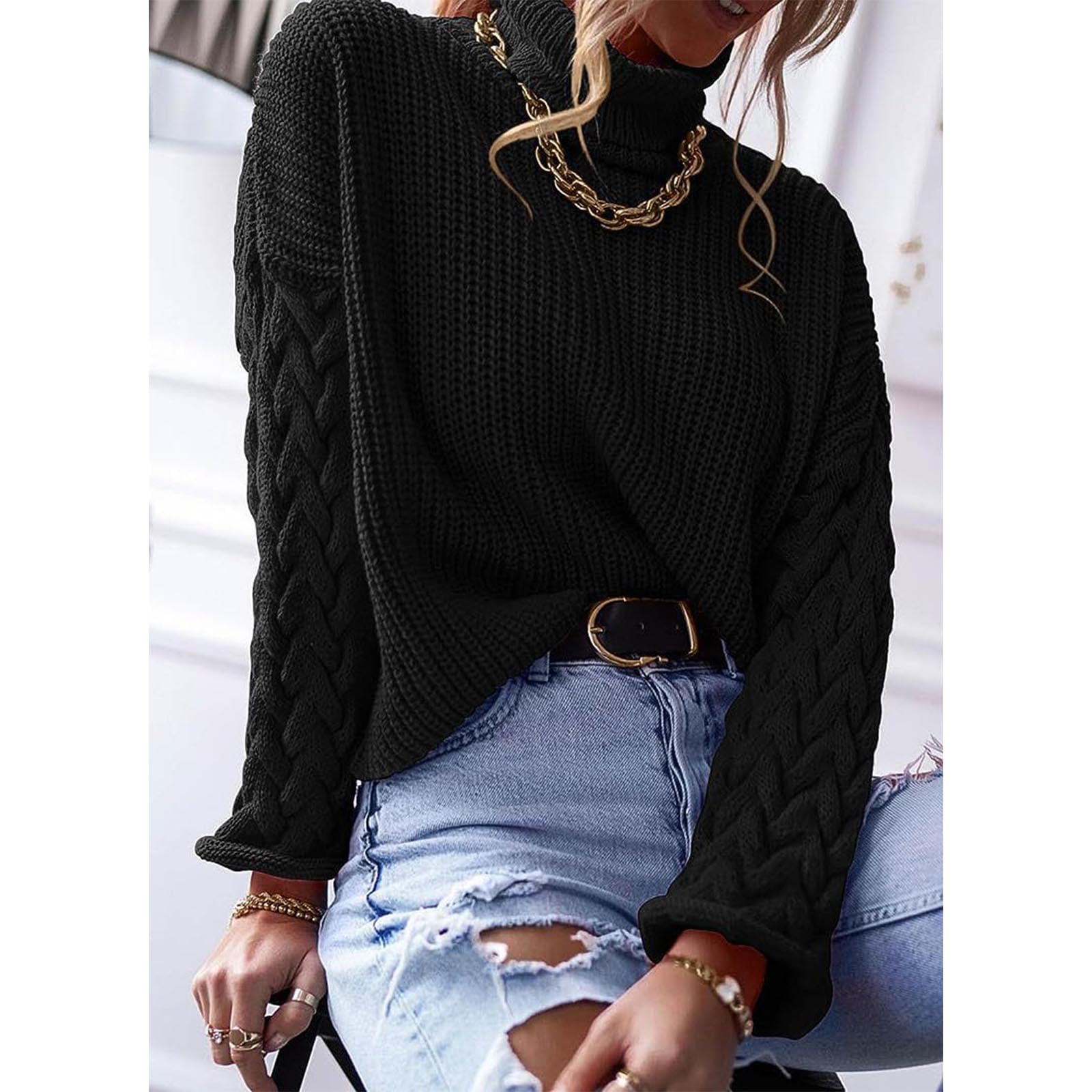 Greabuy Maglione lavorato a maglia a trecce a tinta unita da donna a maniche lunghe autunno inverno pullover felpa per donna maglione casual camicie da donna maglioni da donna felpe a maglia leggere