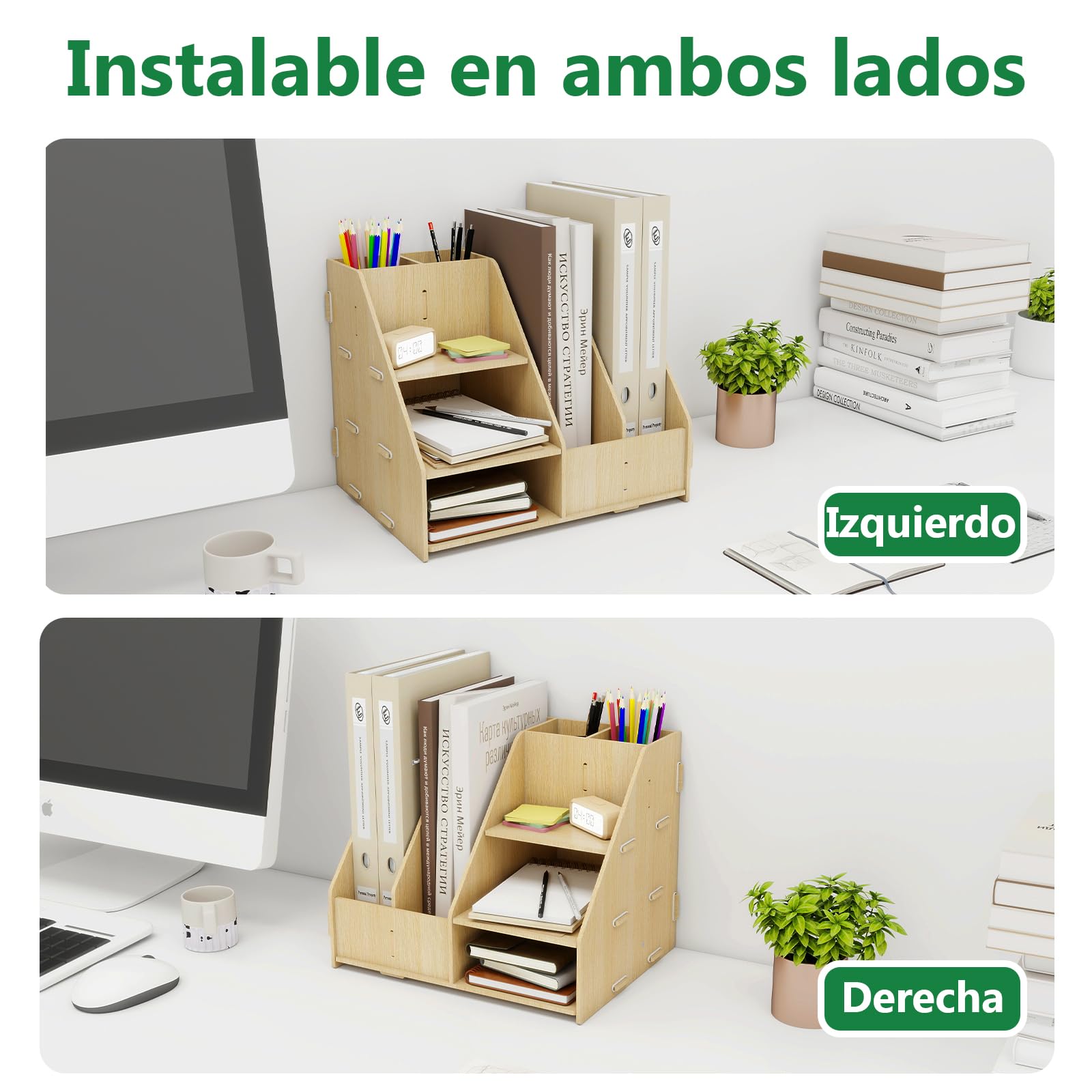 PUNCIA Organizador Escritorio Sobremesa de Madera con Revistero 3 Bandeja Escritorio con Portalápices Estante de Almacenaje Multifuncional para Material Documentos Oficina Escuela
