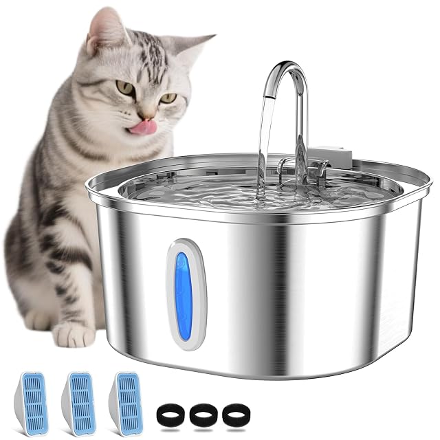 PEKTACO Fuente de agua para gatos de acero inoxidable de 3,2 l, con ventana, funcionamiento silencioso