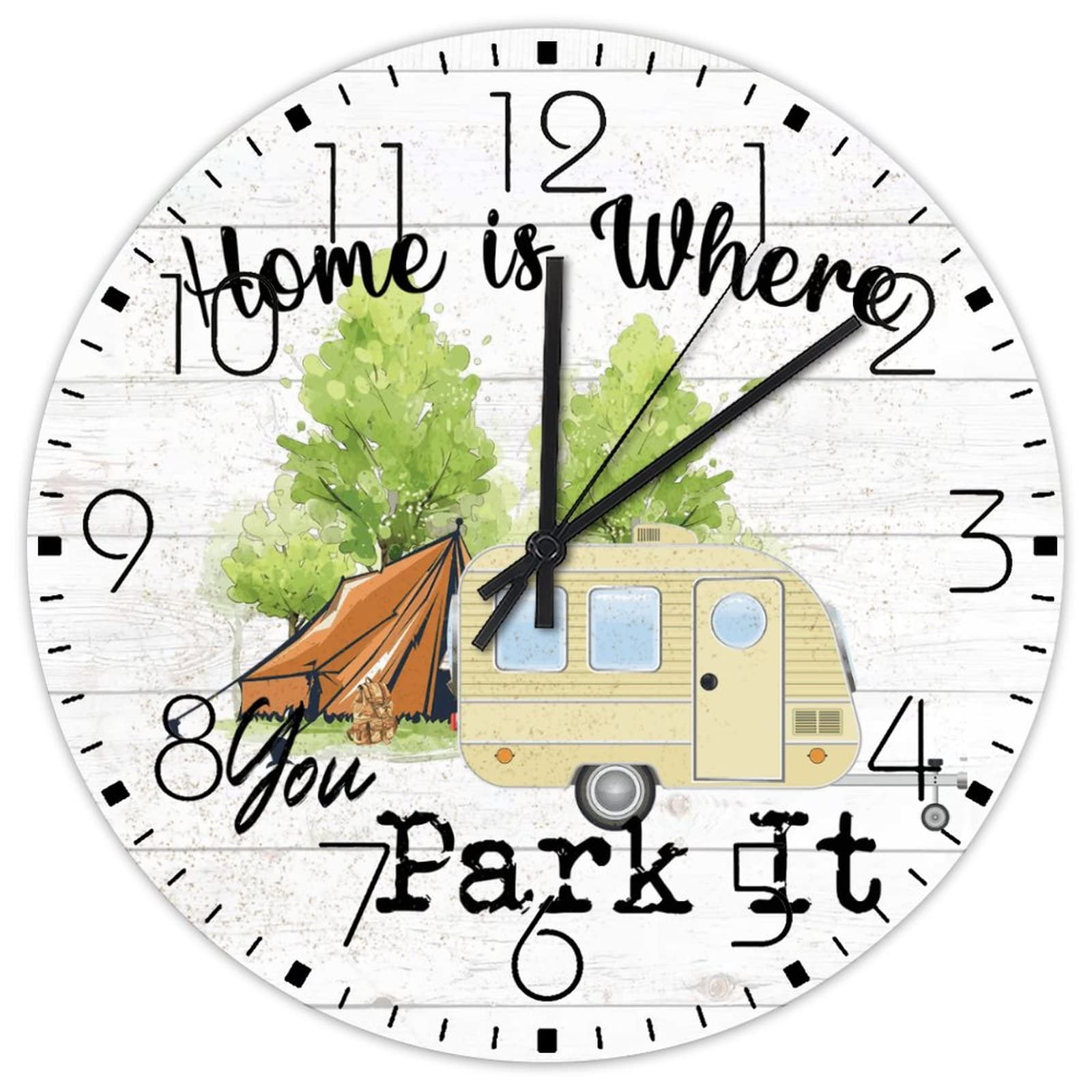 Horloge murale en bois ronde silencieuse vintage Home Is Where You Park It 38cm