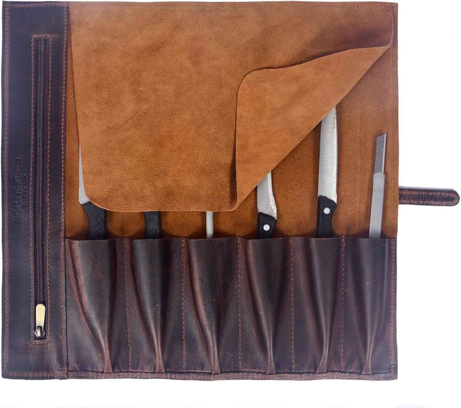 Leather Knife Roll Wrap with 7 Slots, Professional Chef Knife Case with Buckle Closure, Brown (Leather, Walnut)