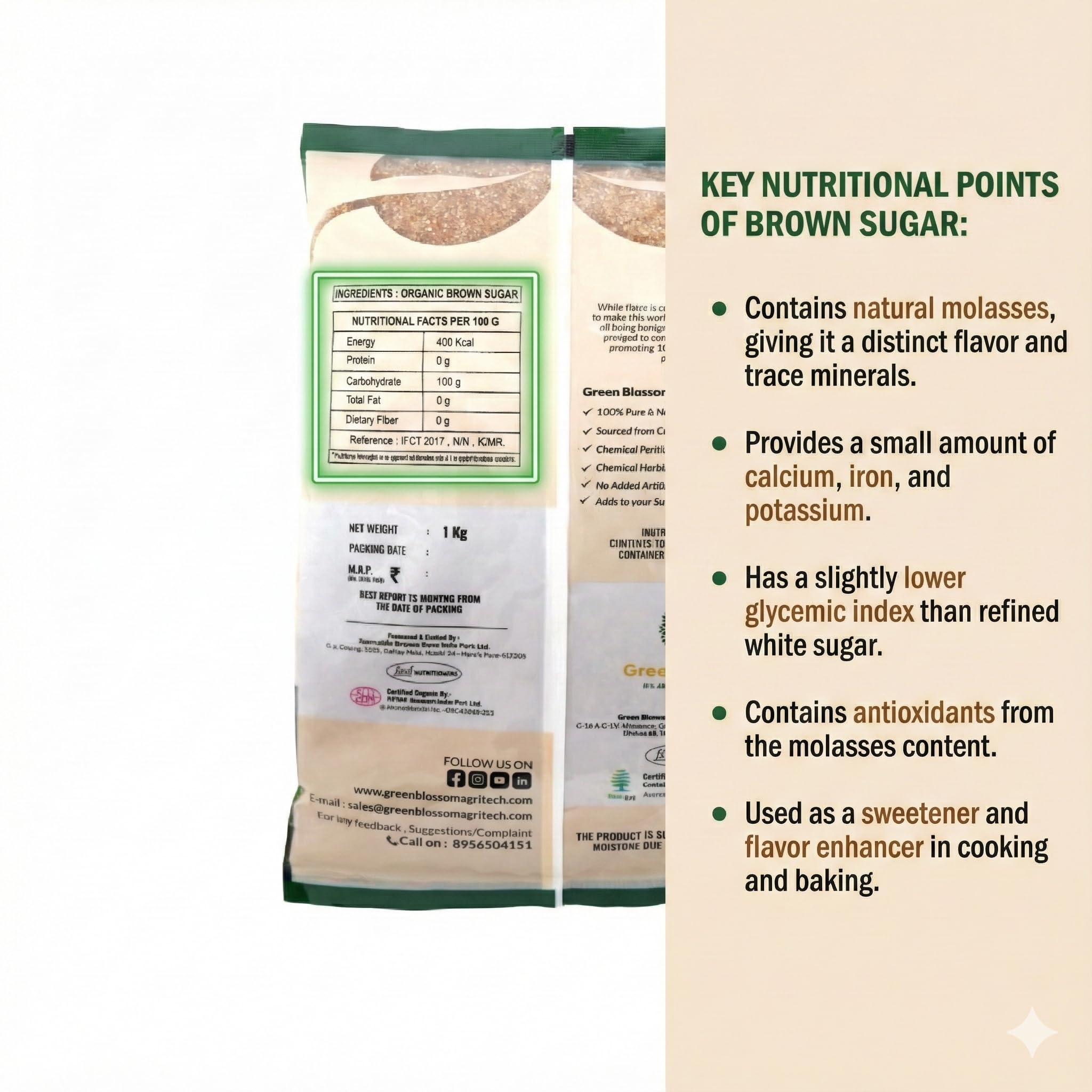 Green Blossom Organic Brown Sugar - 5 Kg (1 Kg x Pack of 5) | Chemical-Free Sweetness | Pure and Nutrient-Rich | 100% Vegan" 3