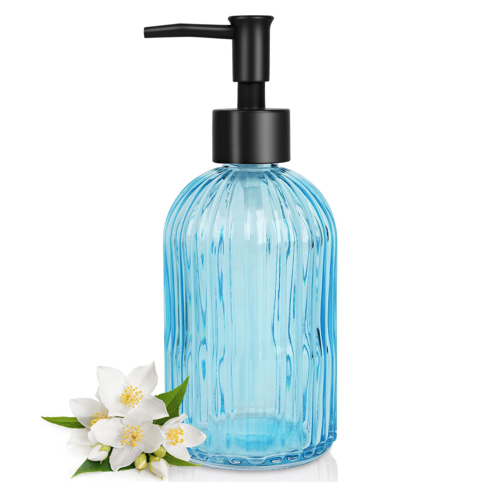 Topsky Glass Soap Dispenser with Black Plastic Pump, 400ml Liquid Hand Soap Dispenser, Rustproof Pump for Kitchen & Bathroom, Great for Lotions, Essential Oil, Liquid Soaps (Light Blue)