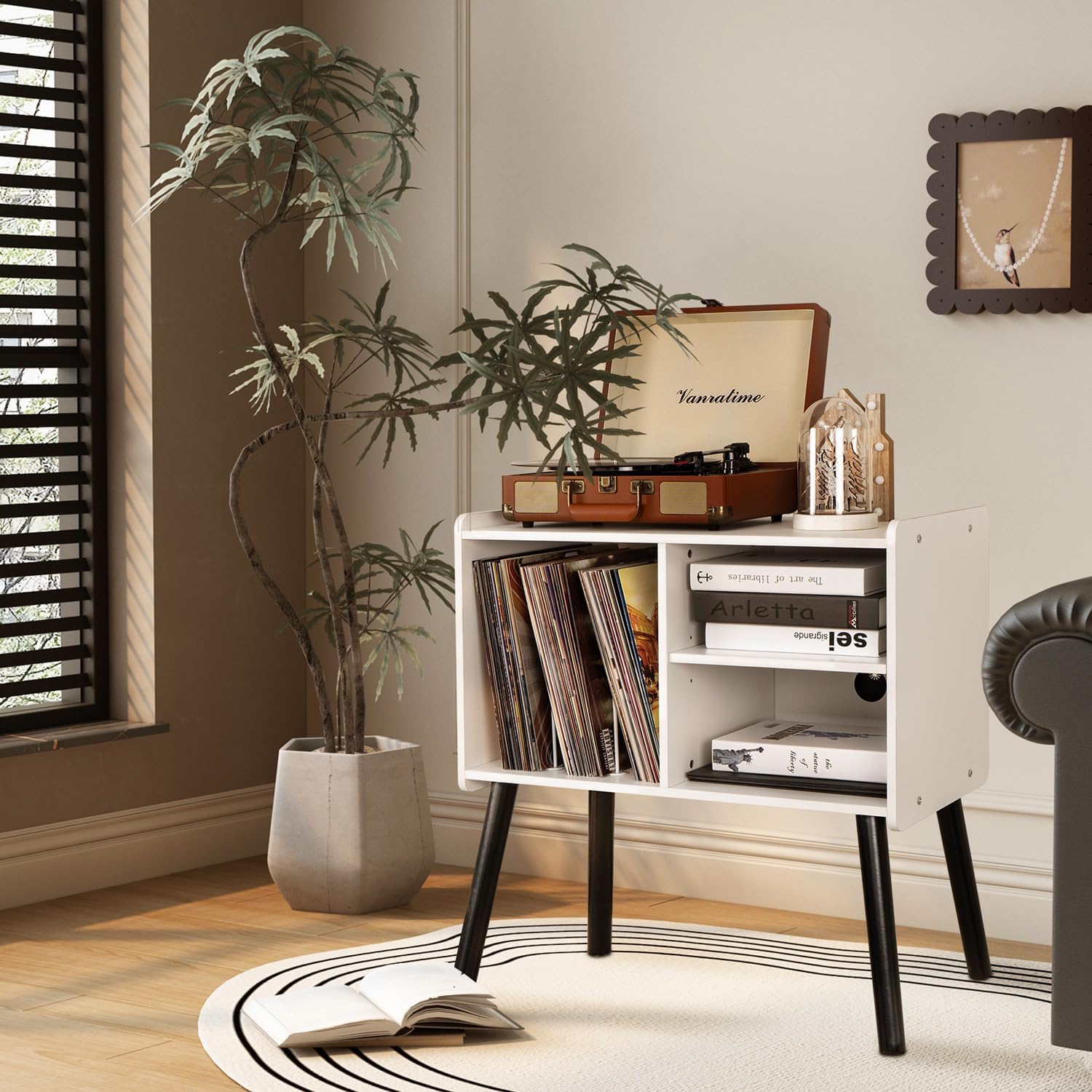 Record Player Stand, Mid-Century Record Player Table with Storage Hold Up to 150 Albums , Vinyl Record Cabinet with Adjustable Shelves , Wood Turntable Stand for Living Room Bedroom (White)