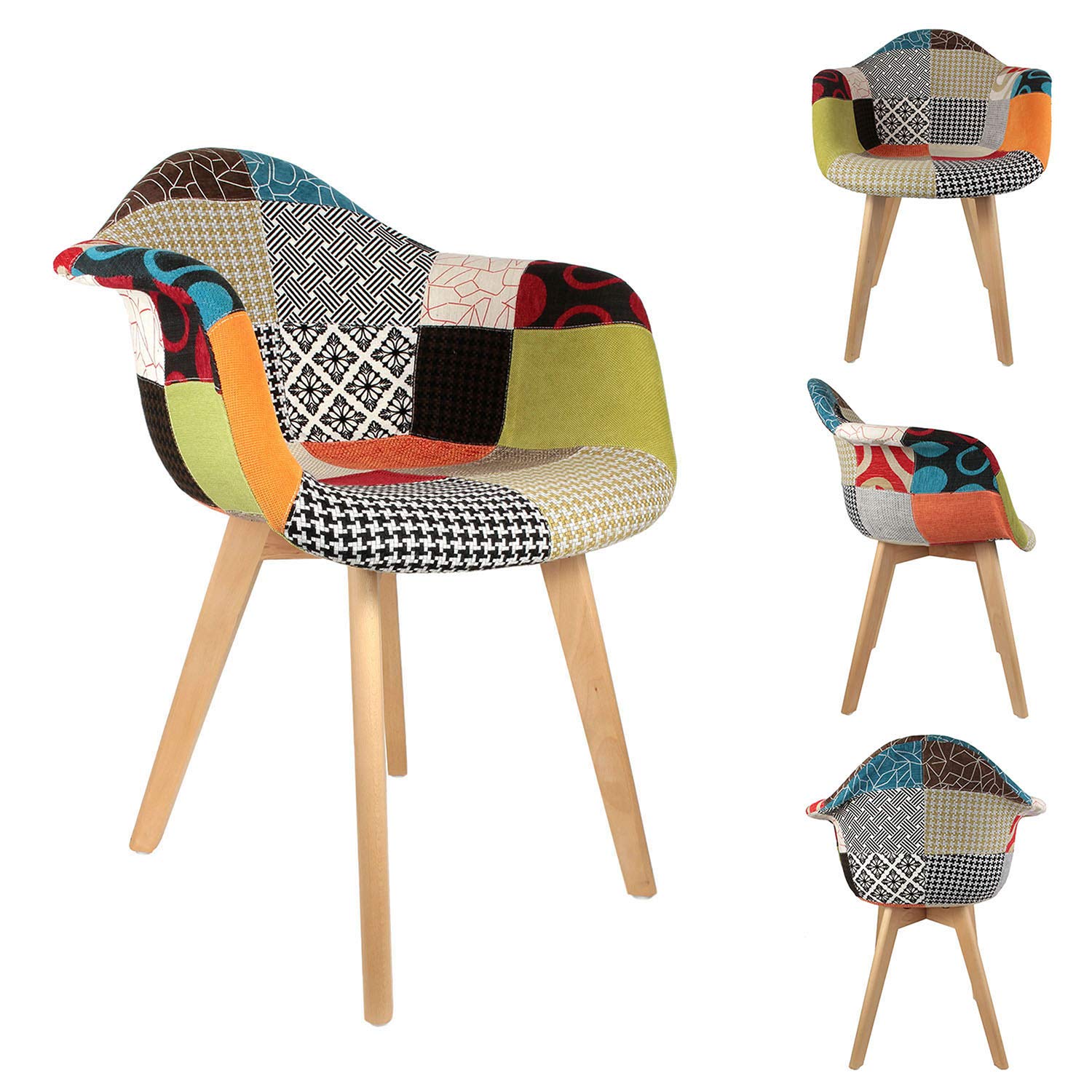 The Home Deco Factory HD3096 Sessel, skandinavisch, Patchwork, Holz + Polyester, Mehrfarbig, 62 x 60,5 x 86 cm, 2 Stück