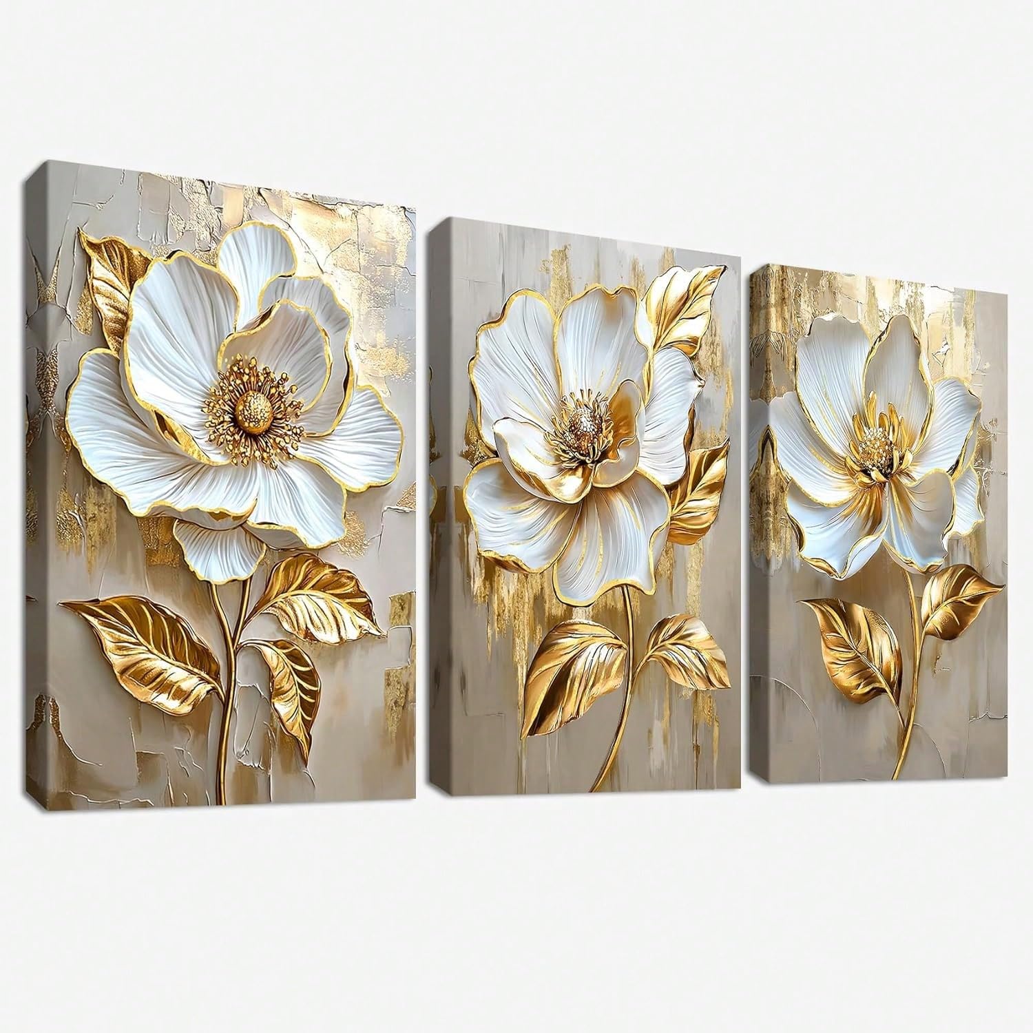 Toile murale haut de gamme fleur blanche or triptyque 60x90 - 8