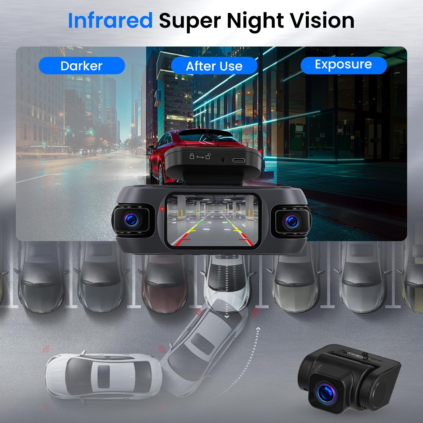 Hodozzy 360° Auto Dashcam 4K mit 5GHz WiFi, 4 Kameras Vorne Hinten, 8 IR-Nachtsicht, 3 Zoll IPS Touchscreen, Loop Aufnahme, G-Sensor, GPS-Ortung,Dash cam mit App-Steuerung