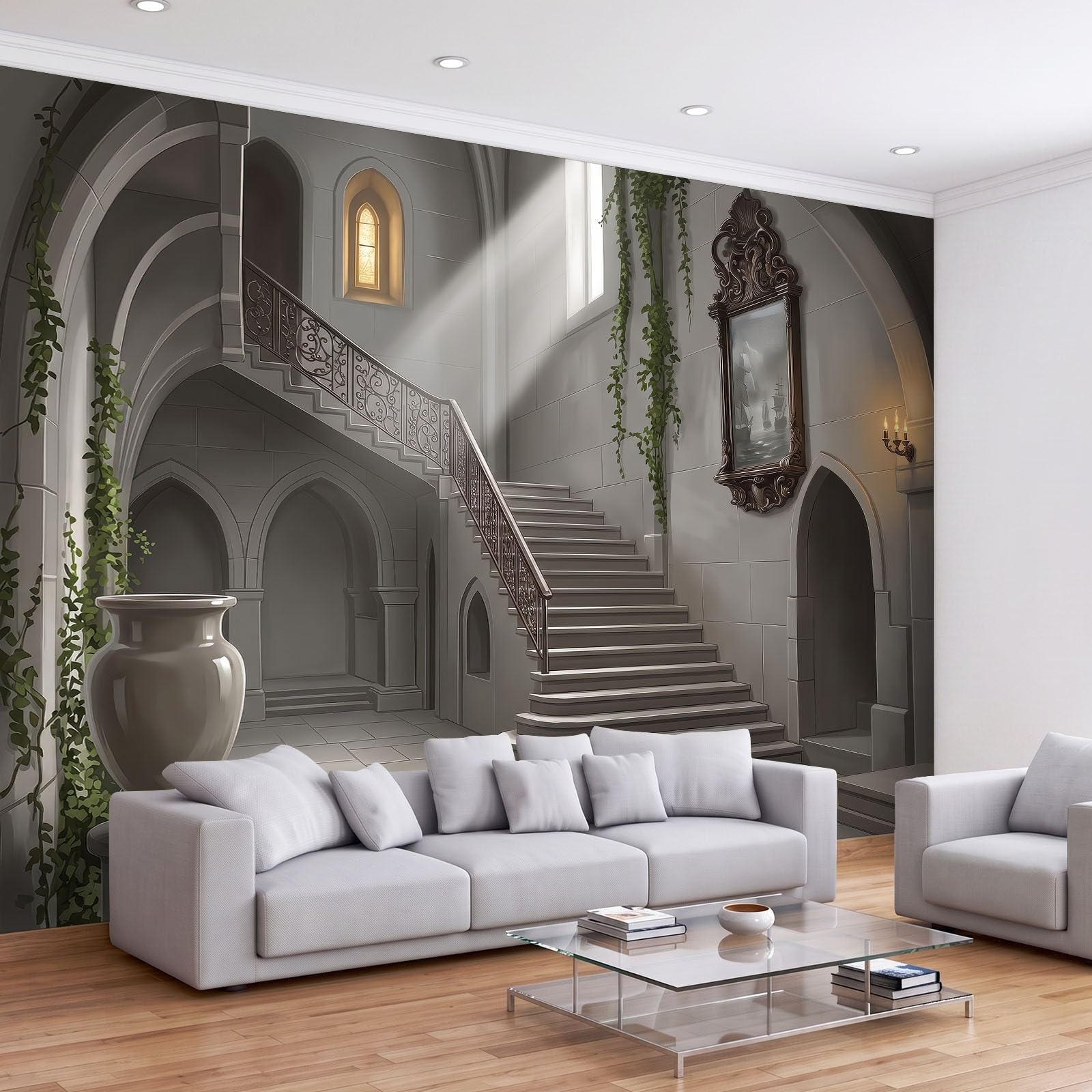 Panoramiczna tapeta z włókniny 350 x 256 cm wizualna 3D, średniowieczny zamek fototapeta, do salonu dekoracja ścienna do pokoju dziecięcego