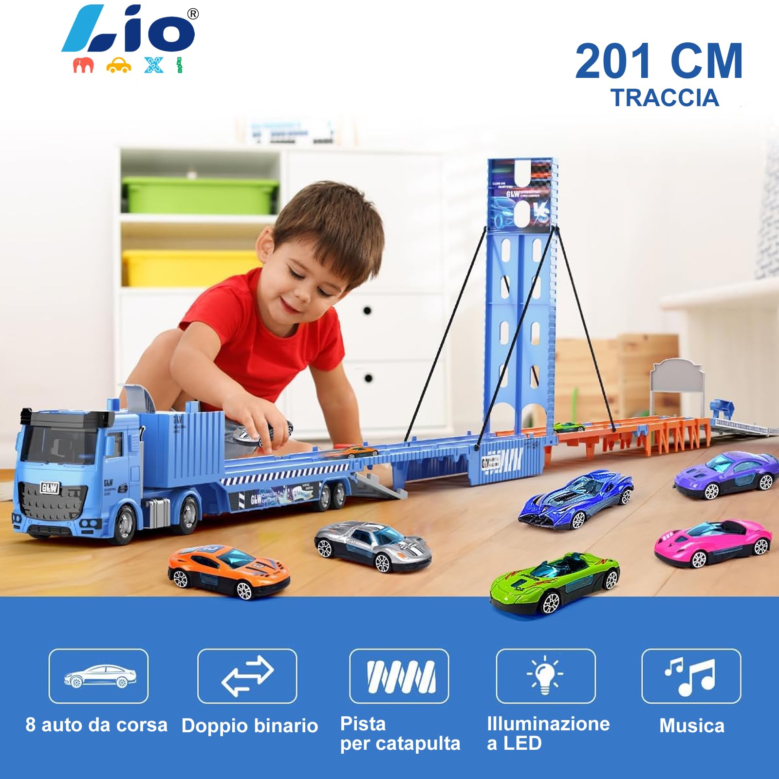 Camion Giocattolo per bambini, 201cm Pista da Trasporto Pieghevole Auto Eiettabile e 8 Auto da Corsa in Metallo, camion Porta Macchinine con Luci e Suoni, Regali per Bambini di 3 4 5 6+ Anni