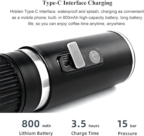 Miniatura 2 de Cafetera Eléctrica Portátil Para Café Expreso, Cafetera De Viaje Con Puerto USB C, Prensado Por Secciones, Compacta Y Ligera, Capacidad De 15 Bares