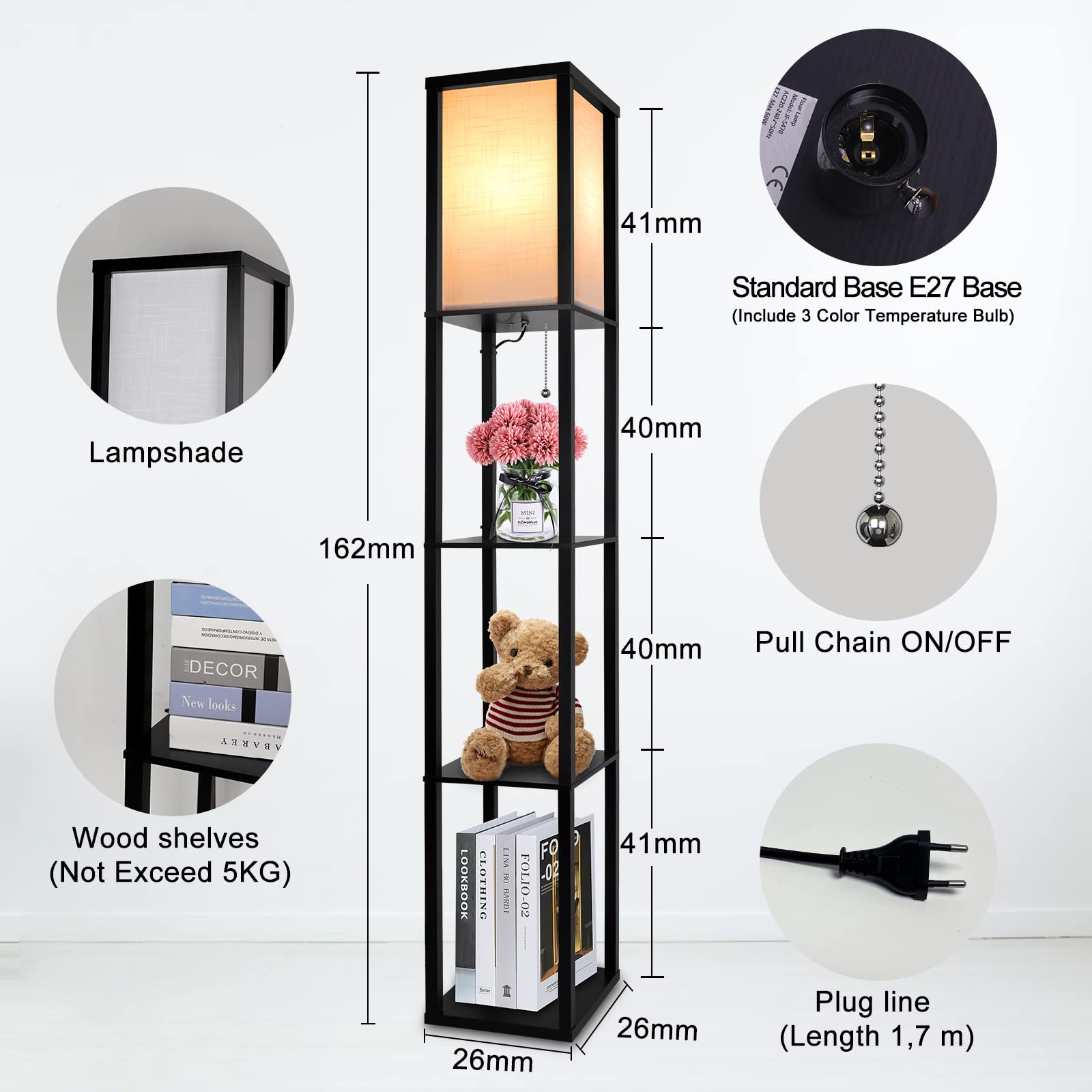 Drewniana lampa podłogowa LED, 1,62 m lampa podłogowa z 3 półkami, lampa stojąca 3 temperatury barwowe (z żarówką E27 3000K-5000K) Dekoracja Lampka nocna do salonu Sypialnia Biuro