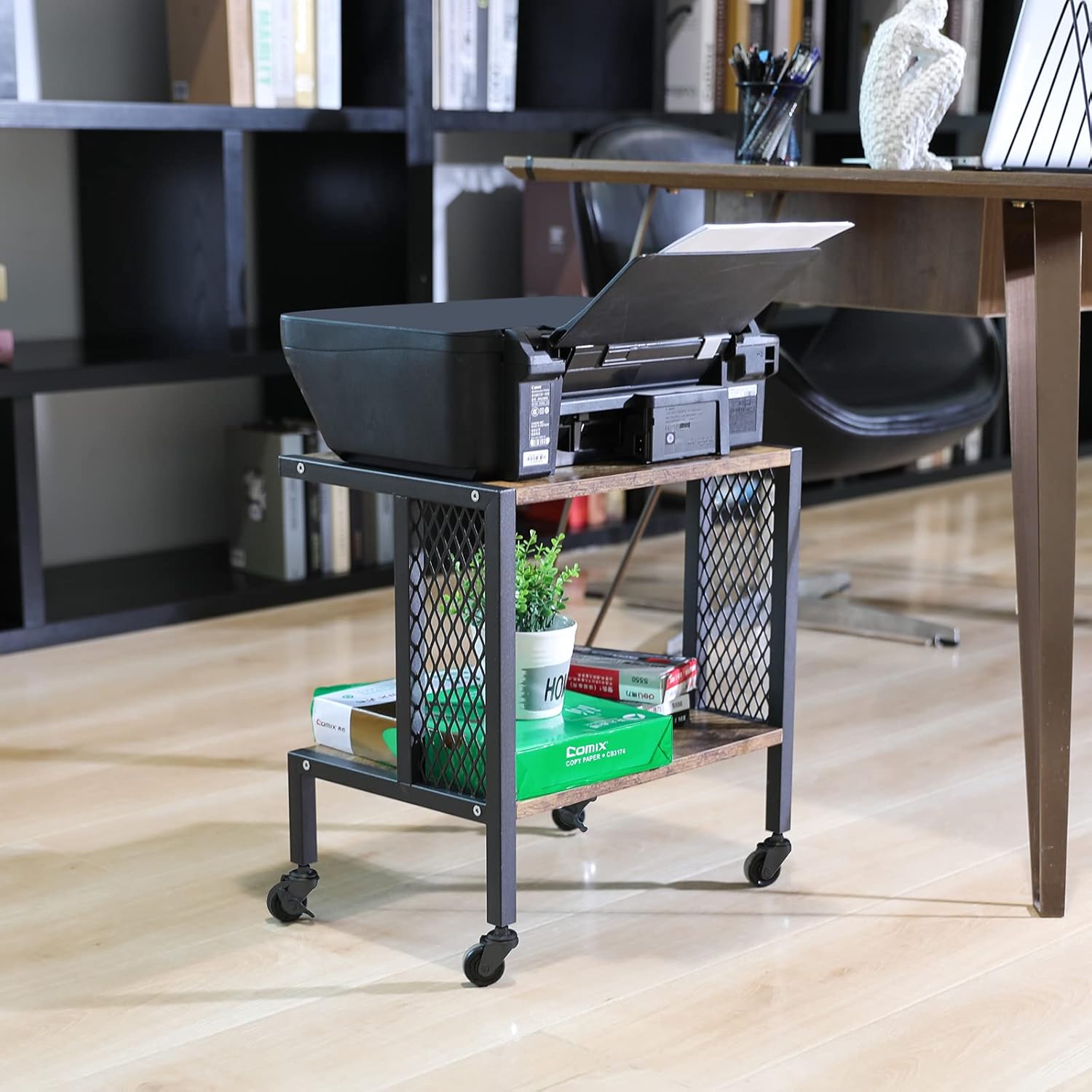 Printer Stand with Storage, Under Desk Printer Table with Storage 2 Tiers Mobile Rolling Printer Cart with Wheels Wooden Desktop Organizer for Printers Fax Home Office : Office Products