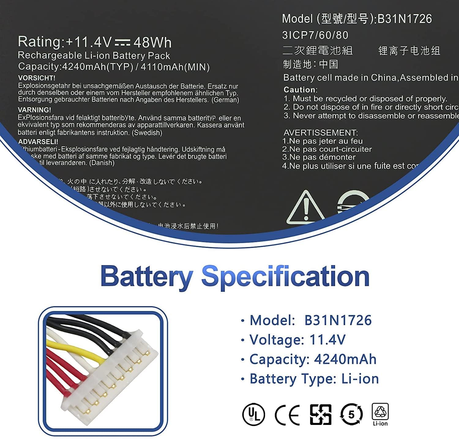 BLESYS Batterij voor ASUS TUF Gaming FX505DT FX505 FX505D FX505DY FX505DV FX506HC FX505DD FX505G FX505GD FX505GT FX505GE FX505GM fx505dy-bq055GM 2 x laptop. 31N1726 B31N1726-1 11,4 V 48 Wh