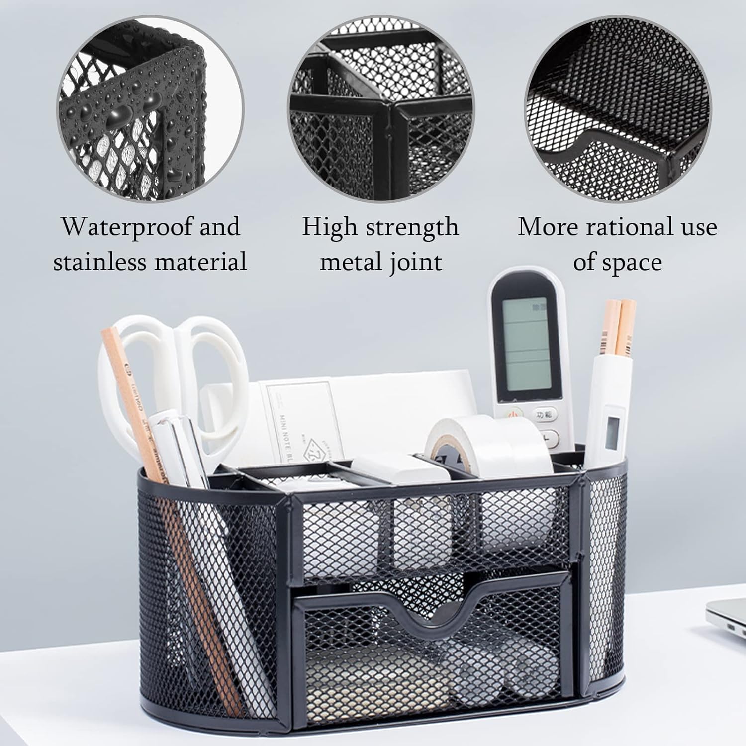 Metalowy organizer na biurko | Czarny organizer na biurko o wymiarach 4,4 x 4,2 x 8,6 cala