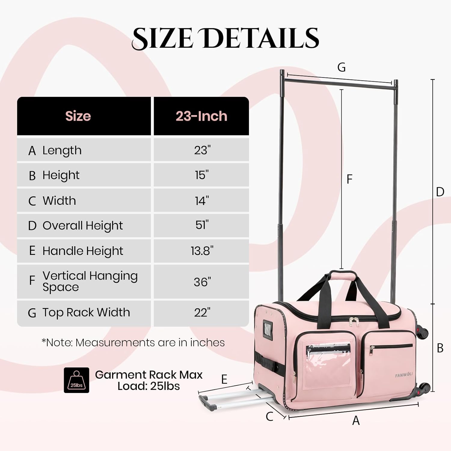 Fanwoli 23" Dance Bag with Garment Rack 4 Wheels | Detachable 360° Wheels | Ultra-Light Collection | Ideal Competition Duffle Bag for Dream, Pink