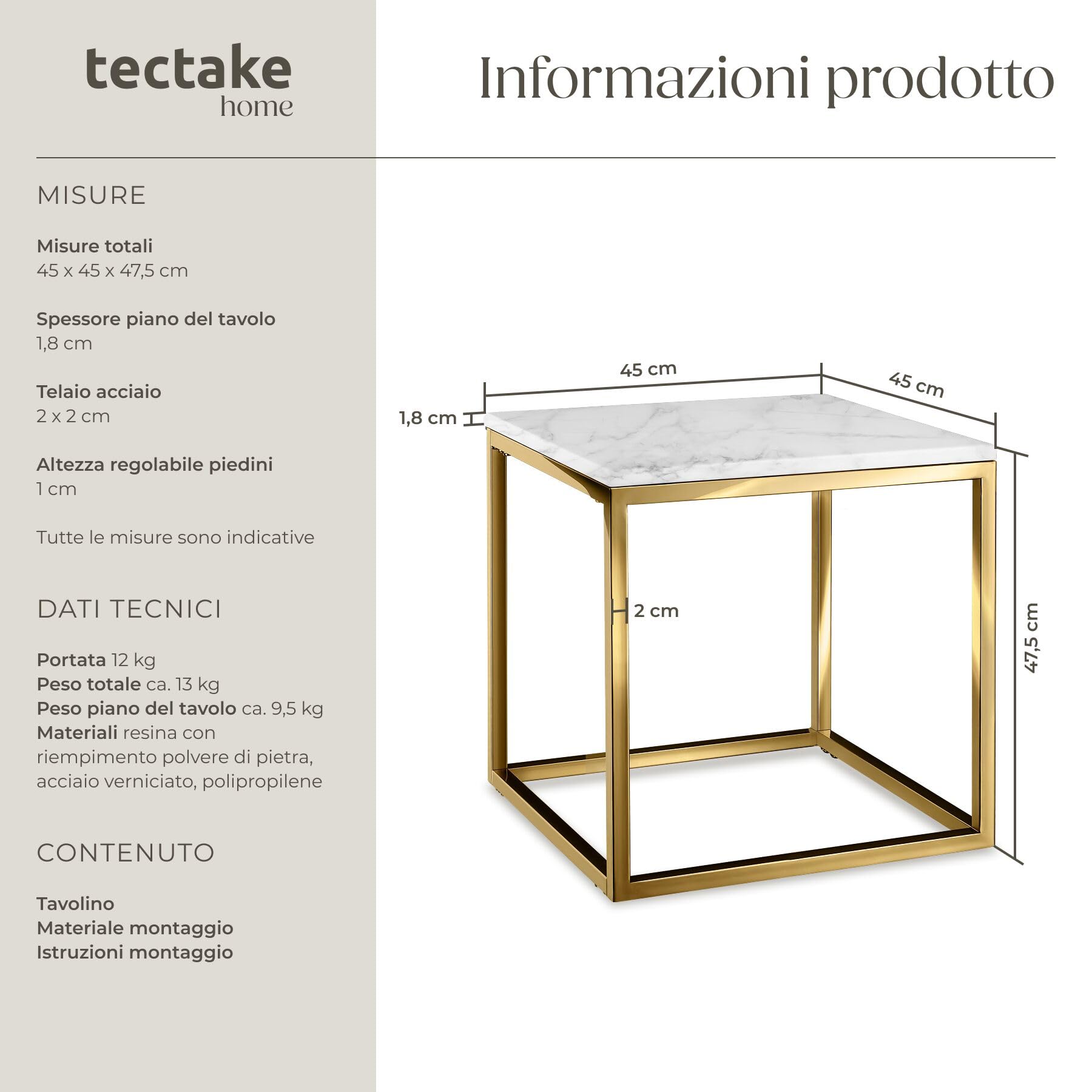 tectake® tavolino salotto in marmo, base in metallo, tavolino da caffè, tavolo basso rotondo, tavolino basso in marmo moderno per salotto, soggiorno,metallo, design, tavolo da balcone - Bianco/Oro