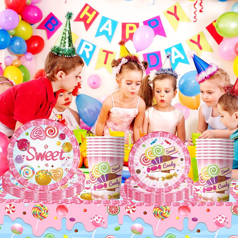 Set di Stoviglie per Feste 51 Pezzi Set di Posate per Piatti Caramelle Party Piatti Tovaglioli Tovaglia Decorazione per Feste di Compleanno per Bambini Compleanno Caramelle Decorazione a Tema
