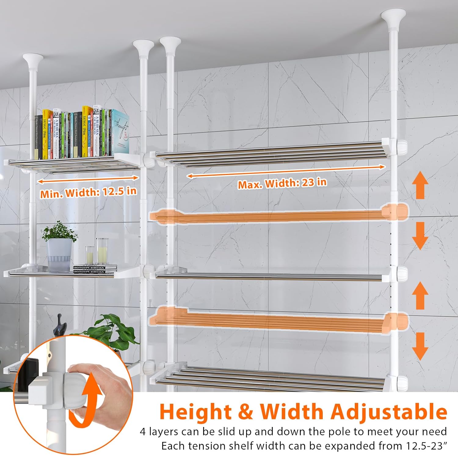 4-Tier Over The Toilet Storage Shelf, 4.5-9.5 FT Adjustable Bathroom Organizer, Heavy Duty Metal Shelves Above Behind Toilet Laundry, Space-Saving Shelving for Small Rooms, No Drill, White