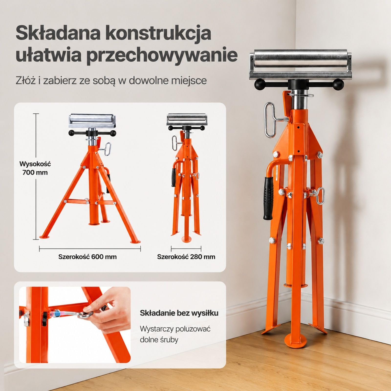 Regulowany stalowy stojak rolkowy, składana podpora robocza i montażowa do piły stołowej, strugarki oraz szlifierki, z głowicą rolkową
