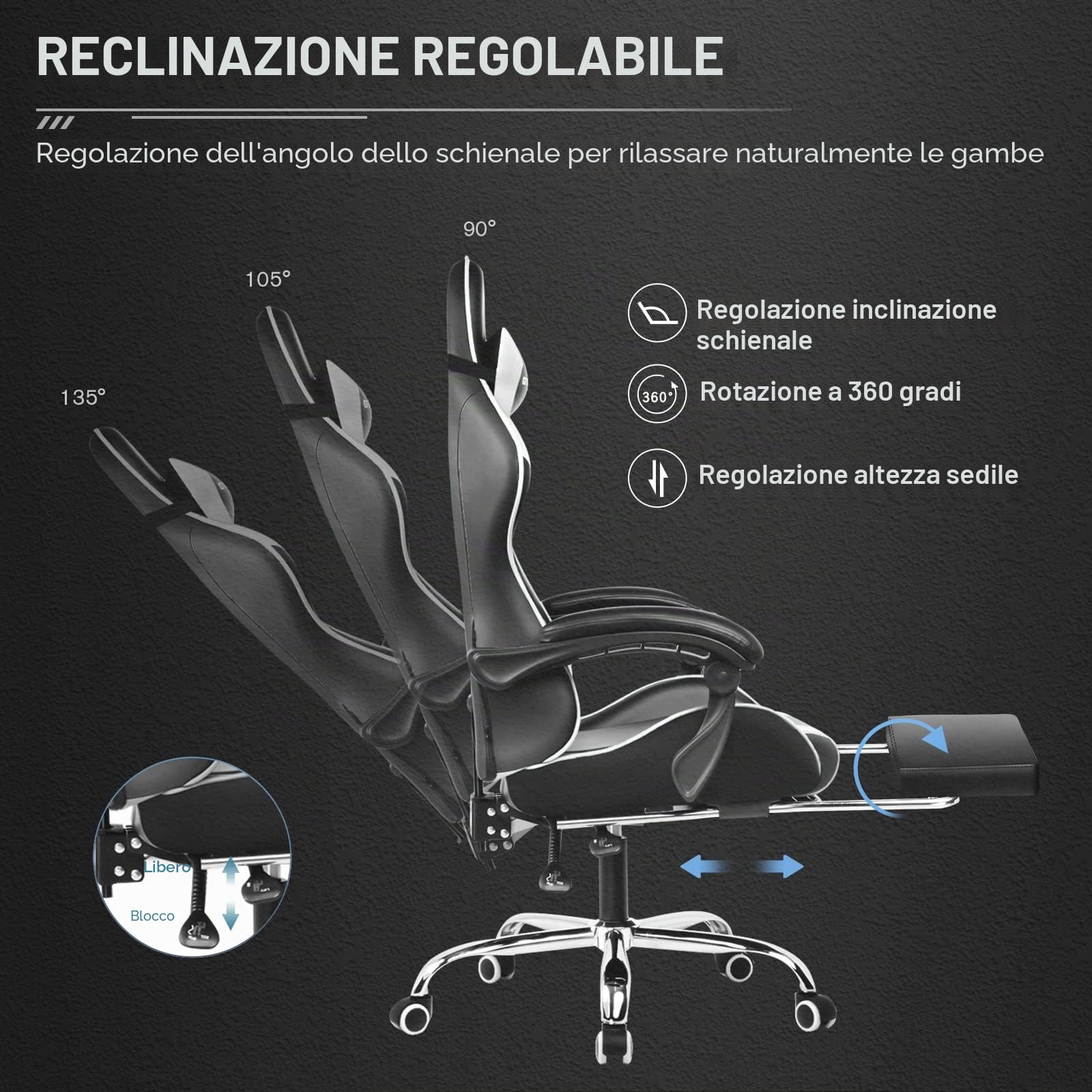 GTPLAYER Sedia da gaming massaggiante ergonomica per computer, con poggiapiedi e supporto lombare, regolabile in altezza, sedile girevole a 360° e poggiatesta, per ufficio, colore bianco