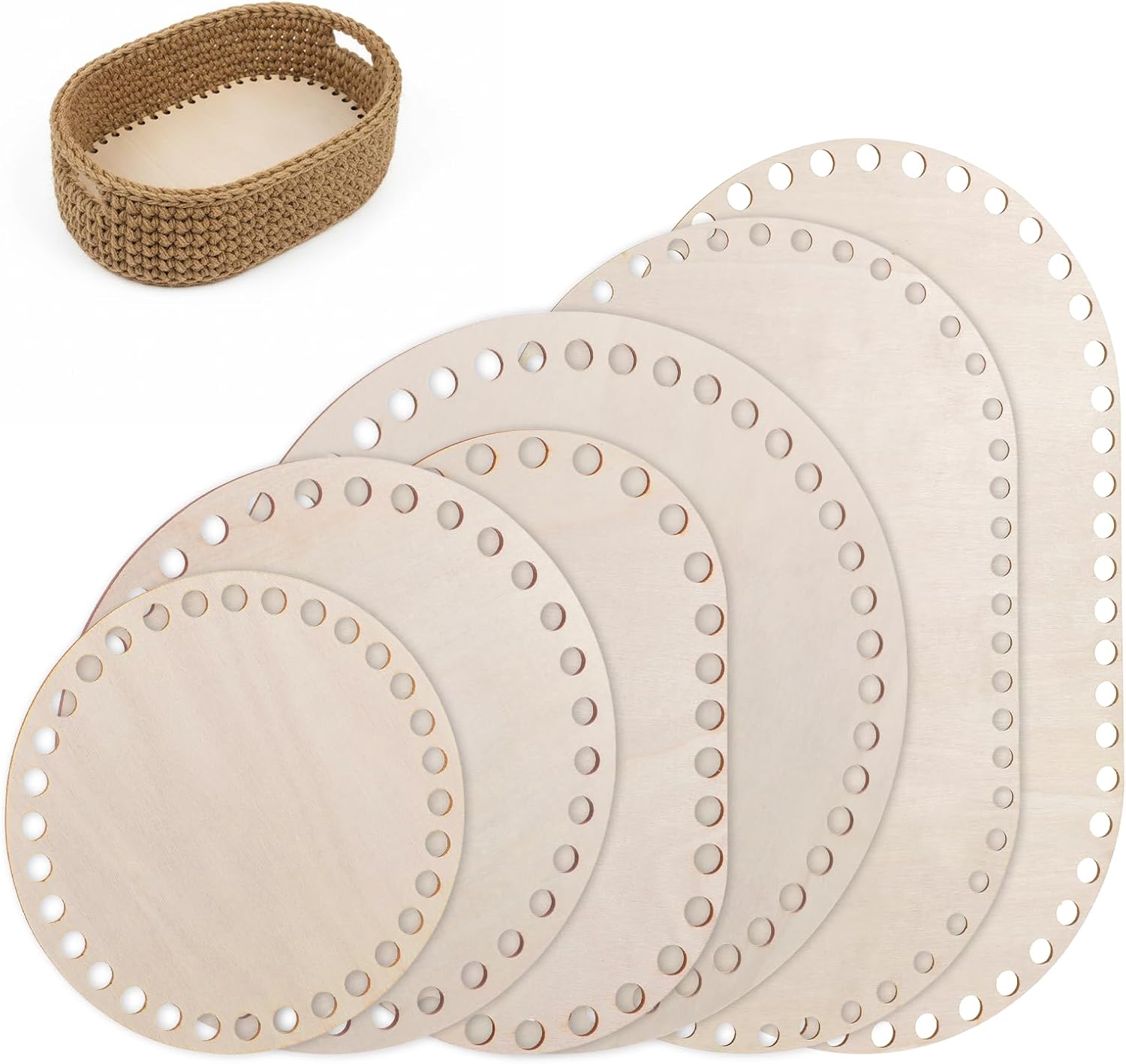 JJUNW 6PCS Wooden Basket Bottom, 5 Sizes Oval Circle Blank Solid Crochet Basket Wood Base Baskets Making Supplies Knitting Base for DIY Craft Weaving Making Supplies Home Decoration