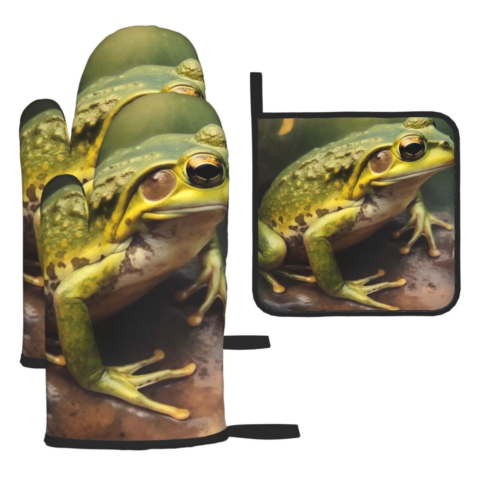Oven Mitts and Pot Holders Set of 3 Heat Resistant Non-Slip Kitchen Gloves Hot Pads Frog on Stone Oven Mitts Kitchen Mittens Gloves Non-Slip Potholders for Cooking Baking Grilling BBQ