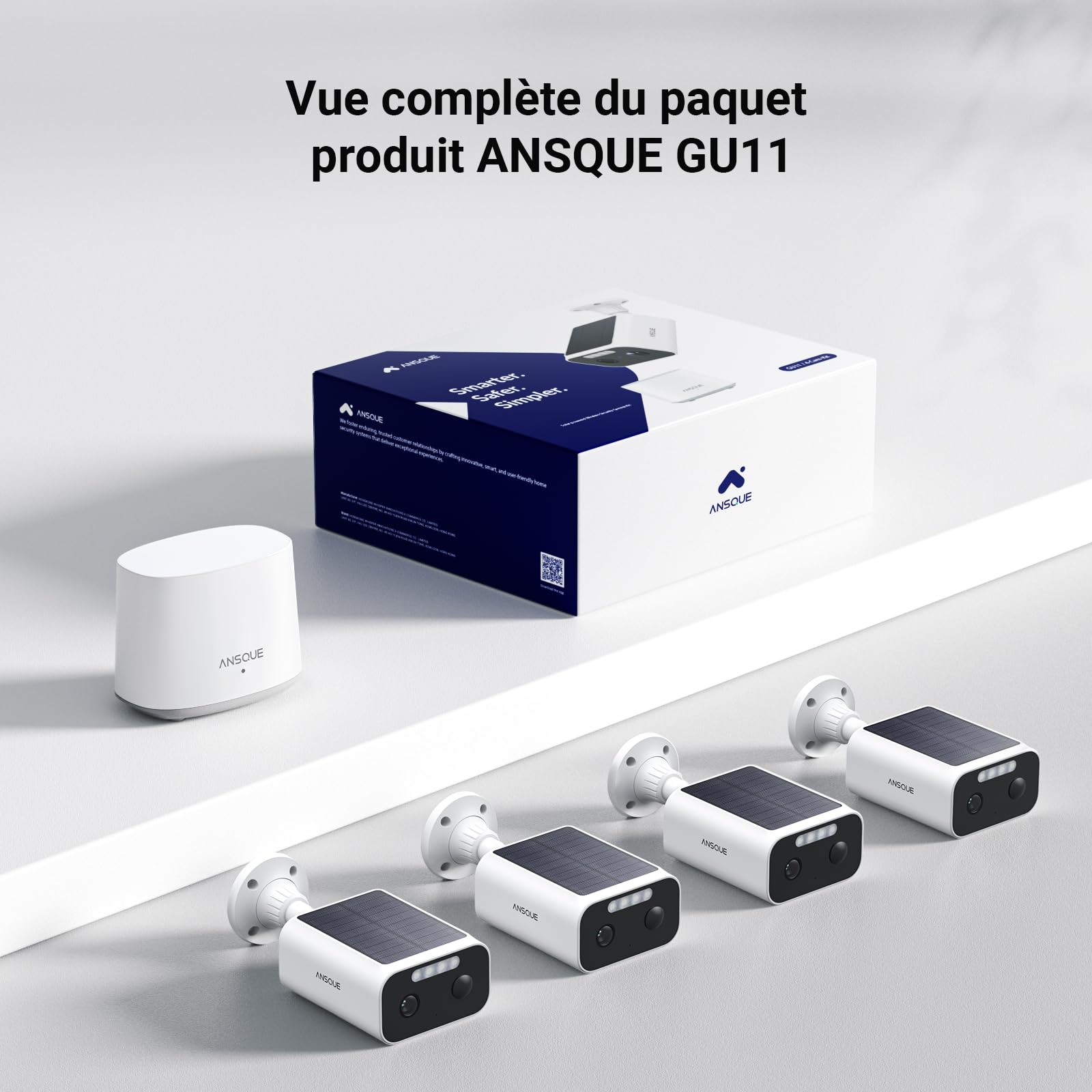ANSQUE 2K 3MP Camera Surveillance WiFi Exterieure sans Fil Solaire – Batterie 365 Jours, Kit 4 Cam + Home Station, 32 Go Stockage Local sans Abonnement, AI Détection Humaine, Vision Nocturne Couleur