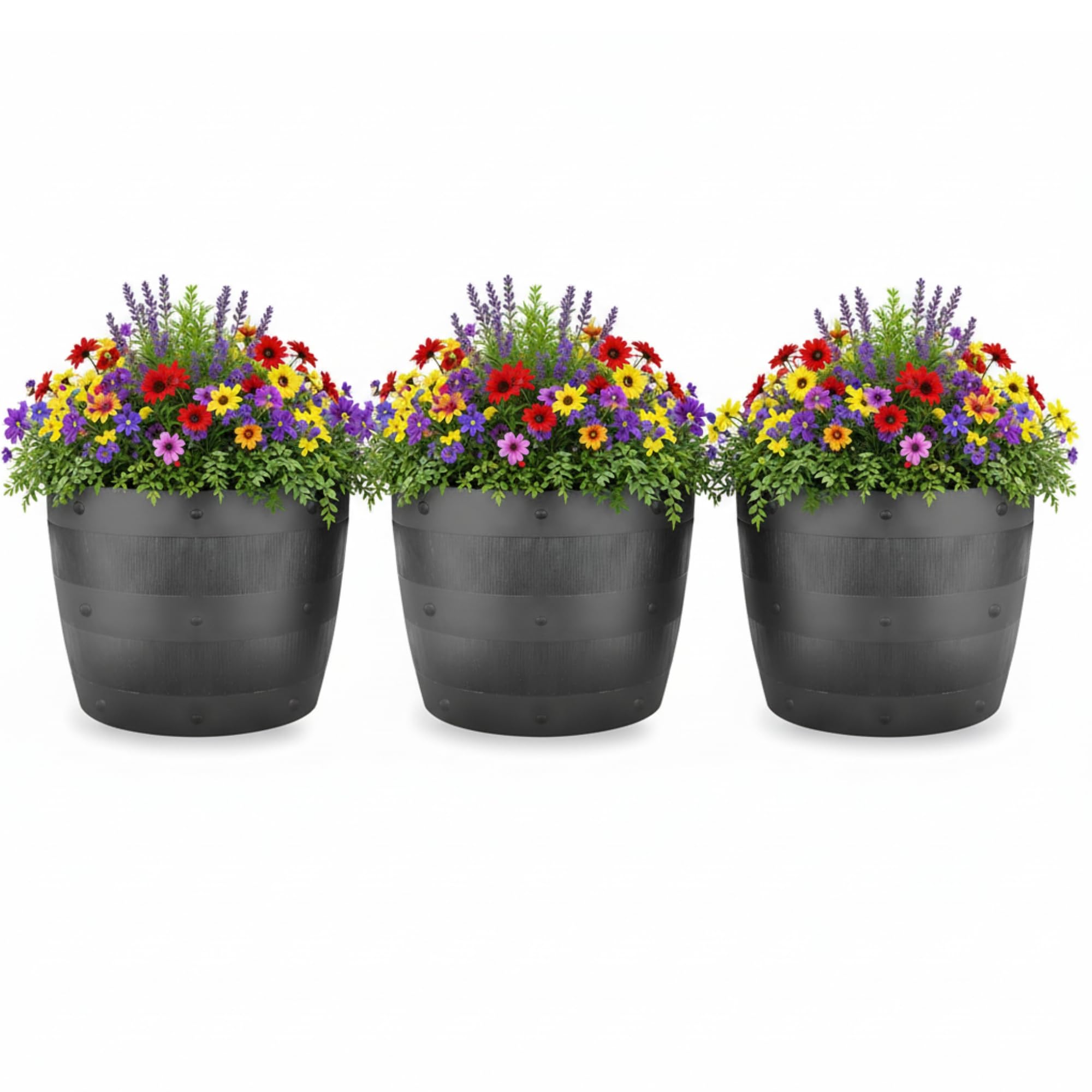 SIDSONS 34cm Barrel Planter - Gardening Flower Plant Pot - Wooden Effect Whiskey Barrel Planters - Indoor & Outdoor Use - No Drainage Hole - Flowers, Herbs, Mint Garden Plastic Tub (Black, 3)