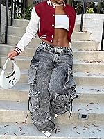 ThusFar Women's Distressed Denim Cropped Jacket Puff Sleeve Ripped Pockets Vintage Washed Button-Up Jean Coat