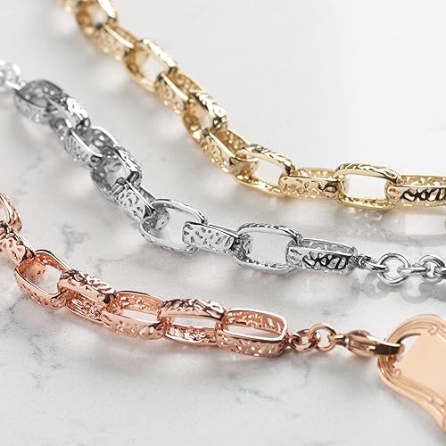 Miniatura 5 de Lauren's Hope Pulsera de alerta médica Moneta de enlace ovalado para mujer en oro, oro rosa y plata, grabado personalizado para diabetes,