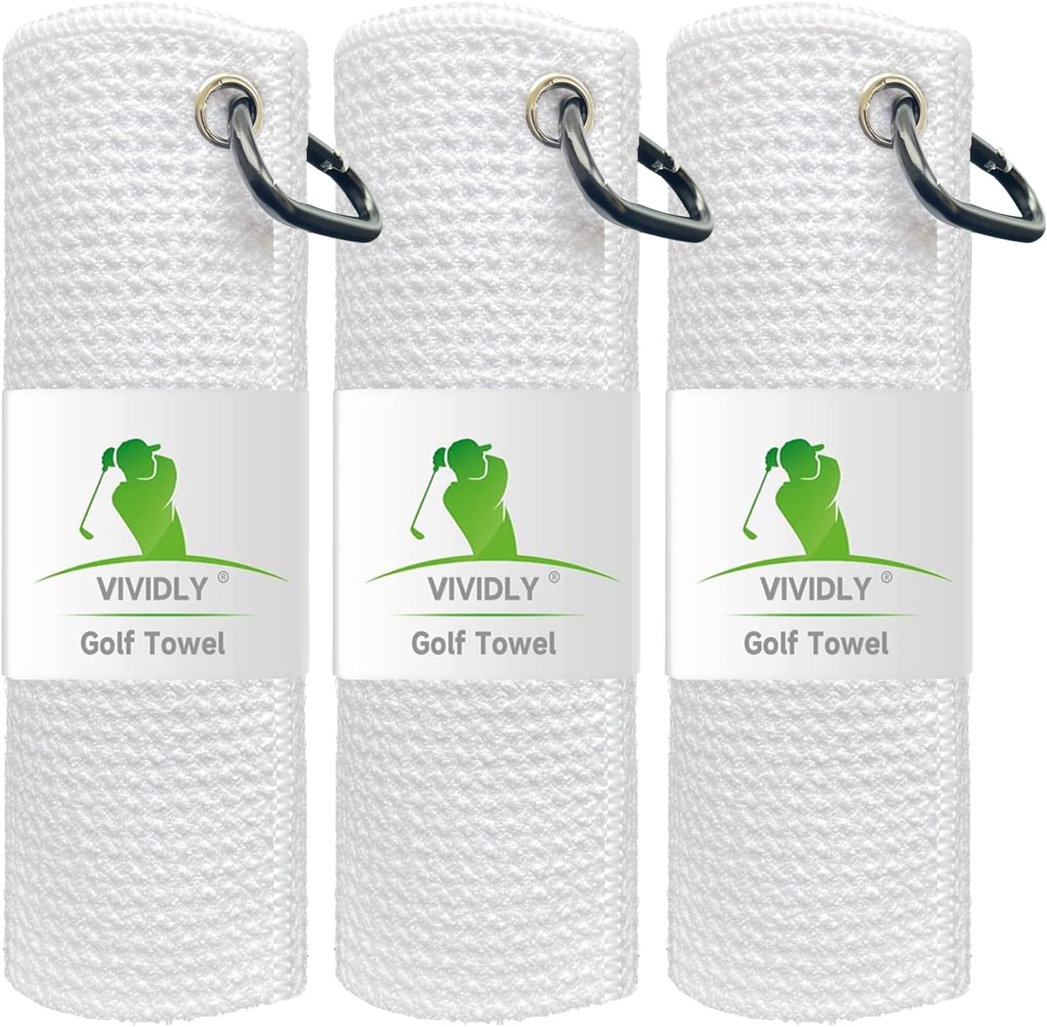 VIVIDLY 3 Pack Golf Towels (16" X 16"), Microfiber Waffle Pattern Golf Towel with Carabiner Clip, Suitable for Men's Golf Gifts (White)