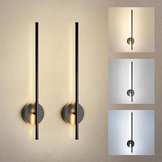 ASD LED 24" Linear Tube Wall Sconce, Modern Bathroom Light Bar | 3CCT, 360° Rotatable, Dimmable, ETL Listed | 8W 420LM 3000-5000K 100-277V | Bedroom, Hallway Vanity Lighting | Black, 2 Pack