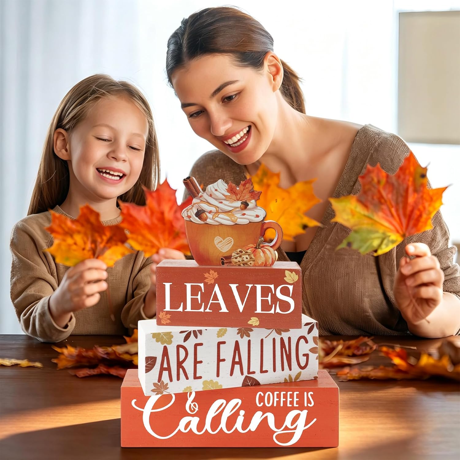 4Pcs Fall Coffee Table Decorations Wooden Hot Cocoa Cup Block Sign