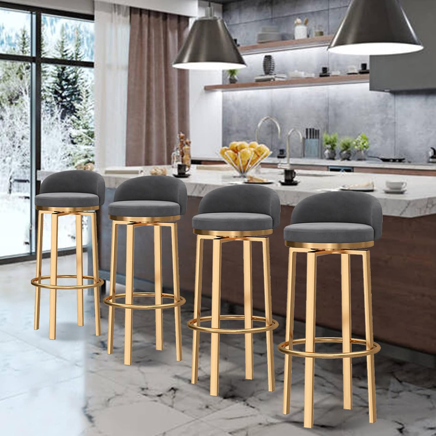 Swivel Bar Stools Gold Metal Leg Set Modern Counter Height Barstools with Back High Dining Chairs for Home Kitchen Island-Grey 2 Pcs-25.6in Sitting Height