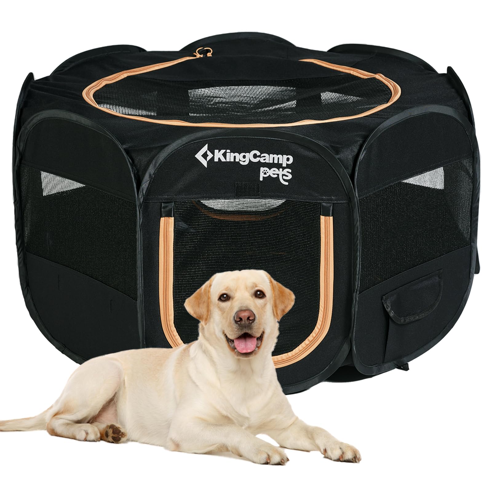 KingCamp Parque para Perros 91 x 91 x 58 cm, Parque Plegable para Mascotas con Ventanas de Malla, Portátil Parque para Gatos Cachorro Conejo Exterior Interior, Jaula Perros de Tela Oxford, Negro M