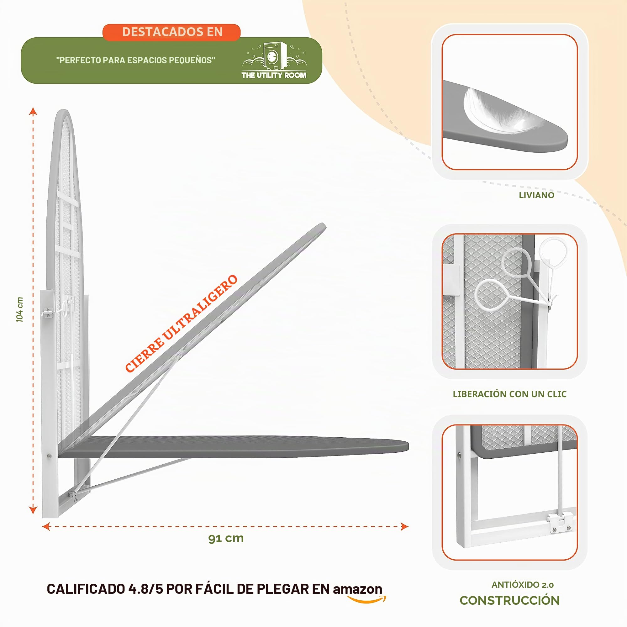 Tabla de planchar montada en la pared Xabitat - Tabla de planchar plegable de montaje compacto para espacios pequeños - Ahorro de espacio con cubierta de tela de algodón - Blanco y gris