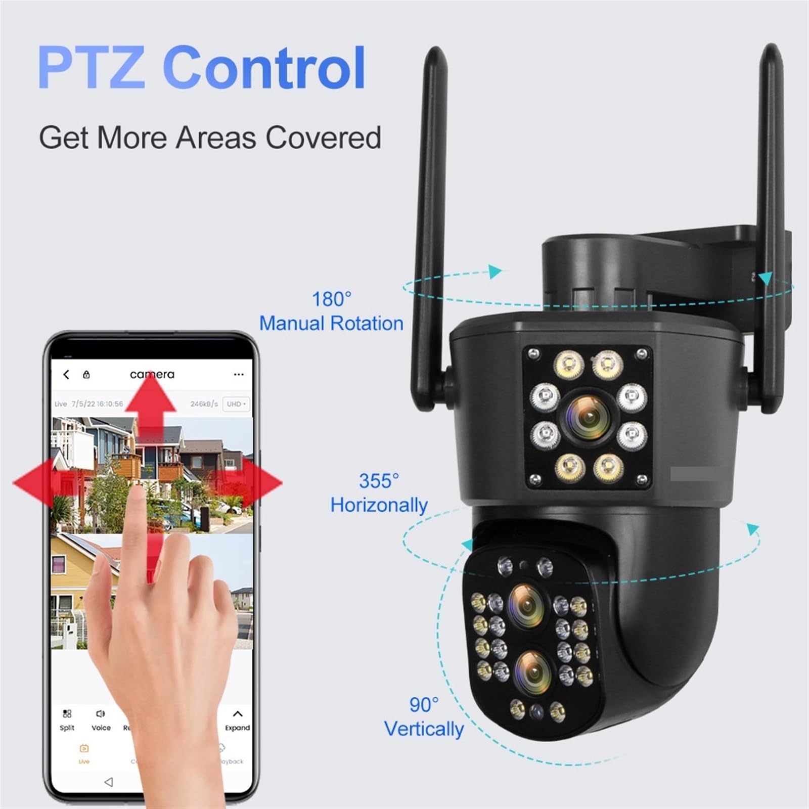 Telecamera di sicurezza a doppio schermo 4K esterna da 8MP Tre lenti PTZ Zoom ottico 10X CCTV impermeabile con tracciamento automatico Installazione semplice(WIFI 8MP Add 32GB)