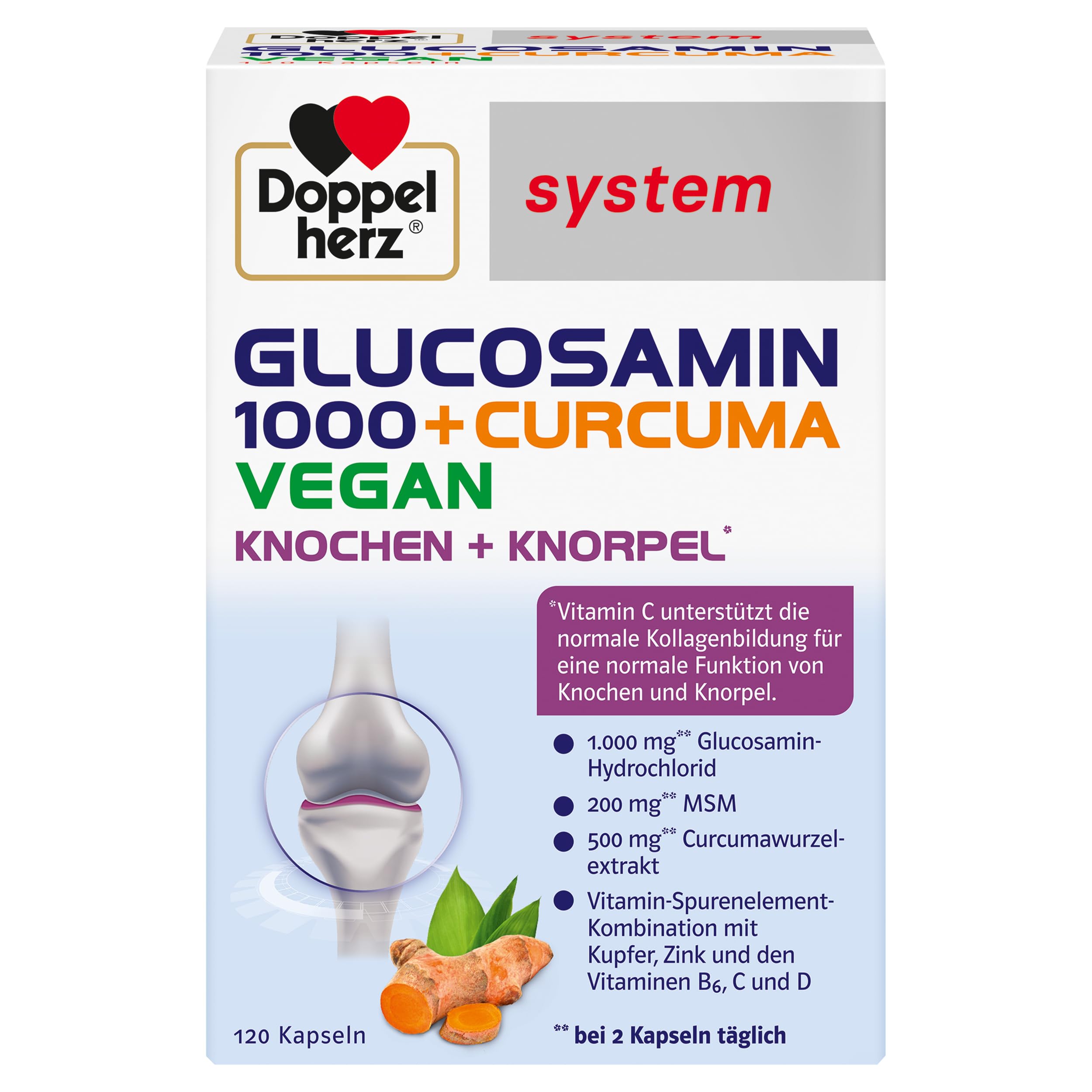 Doppelherz system GLUCOSAMIN 1000 + CURCUMA VEGAN – Vitamin C trägt zur normalen Kollagenbildung für die normale Knorpel- und Knochenfunktion bei – 120 Kapseln